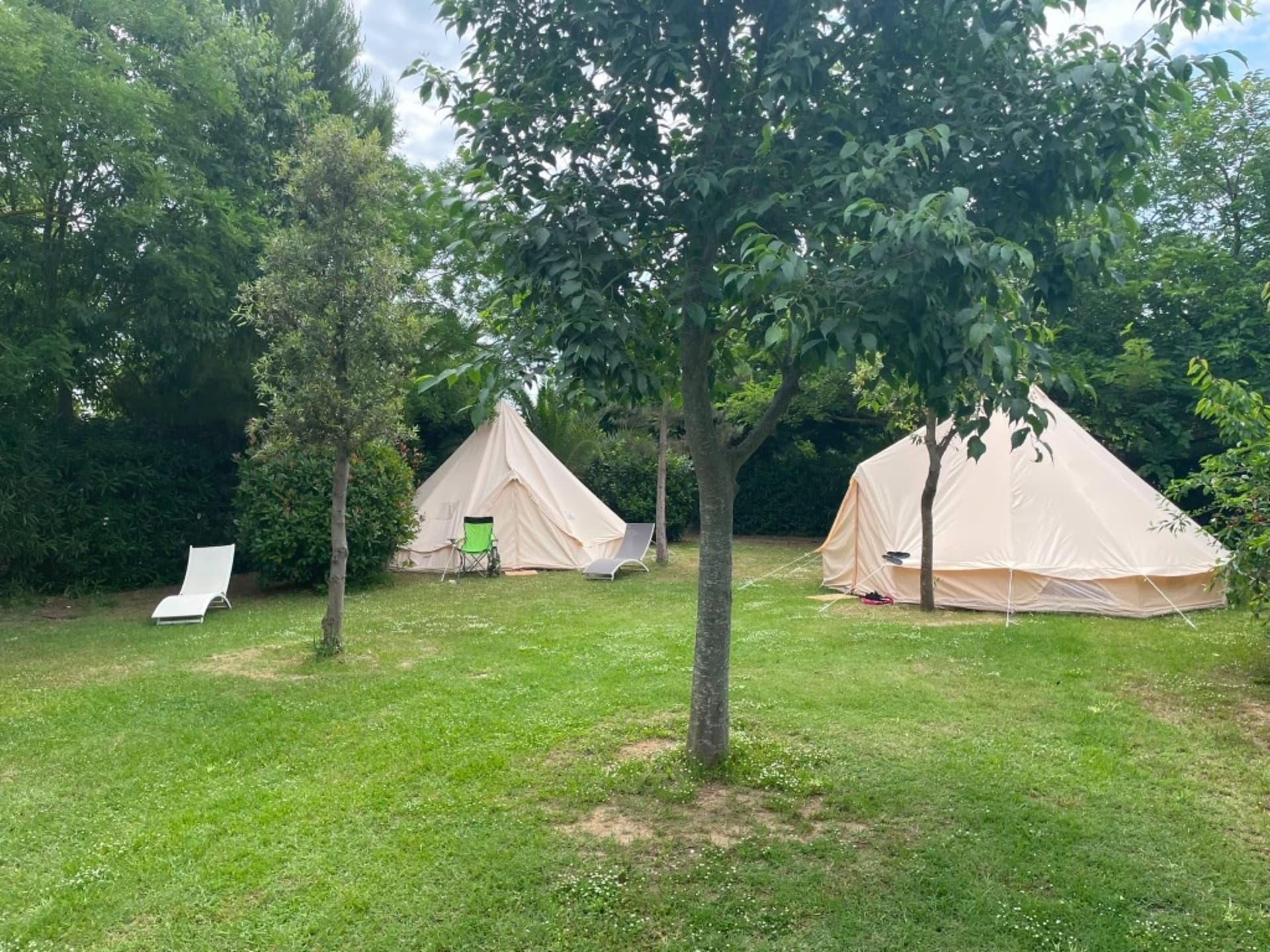 Cream canvas bell tents: double bed only inside, with bed sheets included. Not hedged; no on-site electricity or water. Shared communal facilities.